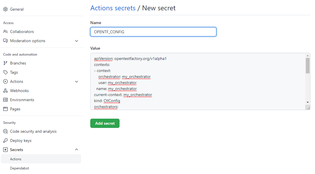 Define the OPENTF_CONFIG secret