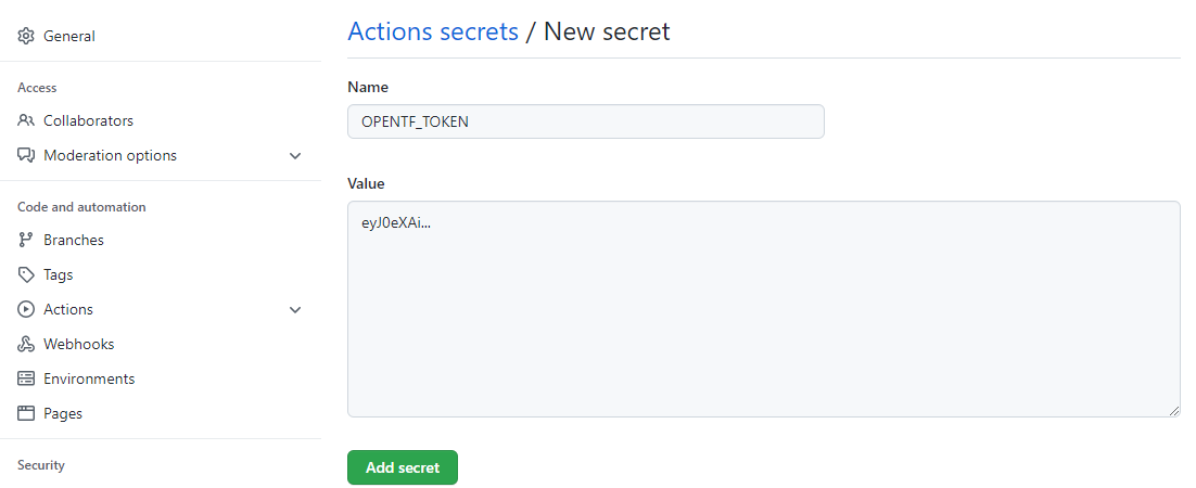 Define the OPENTF_TOKEN secret